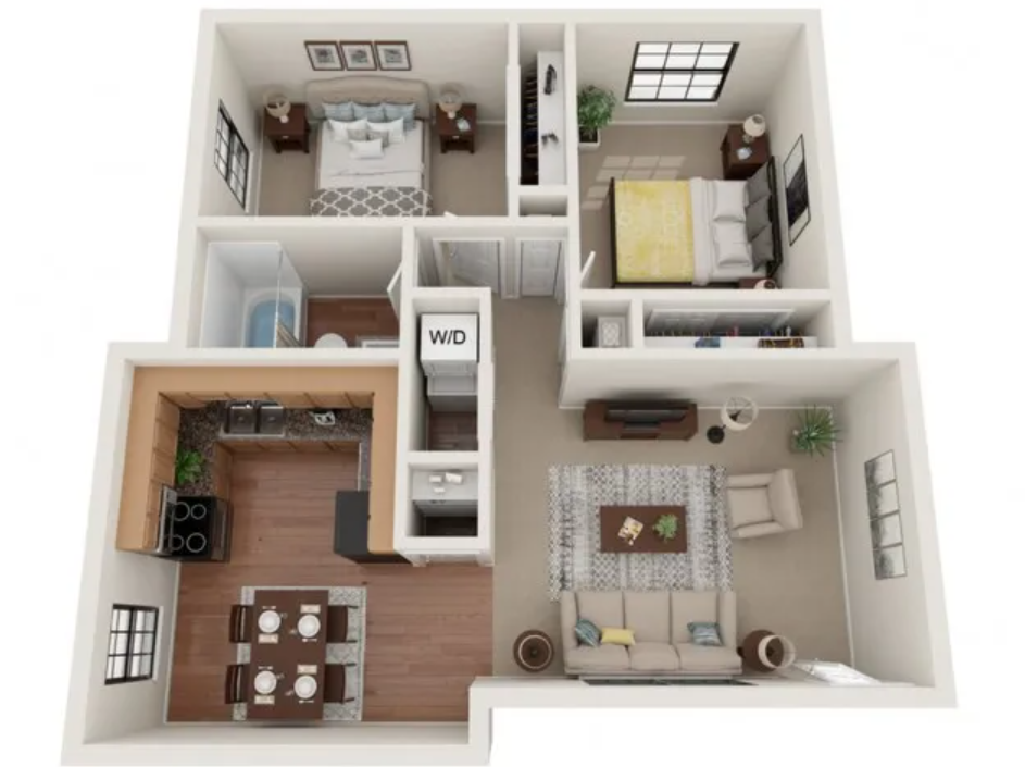 Floor plan for 2 beds, 1 bath, 820 sqft